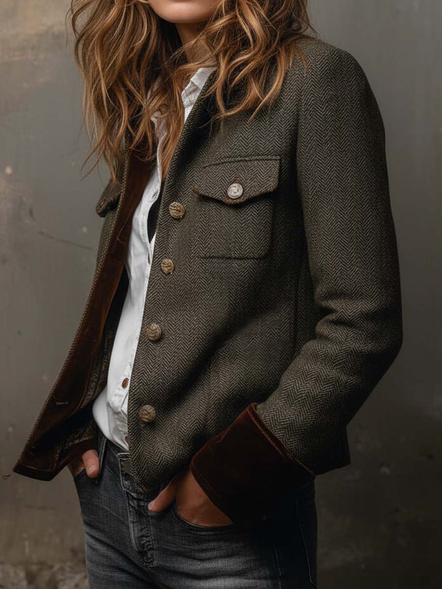 Bella | Blazer Vintage a Spina di Pesce con Profili a Contrasto