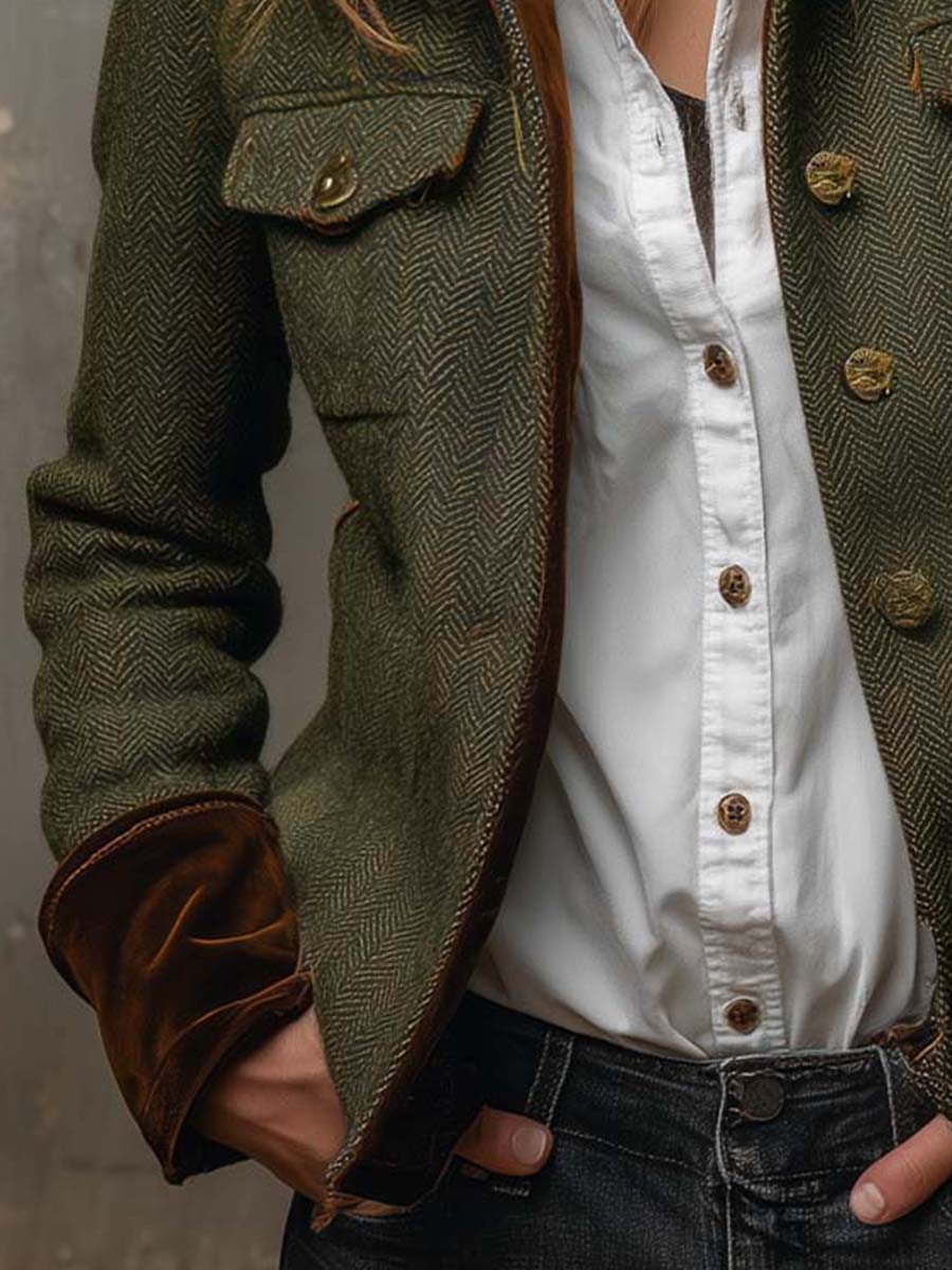 Bella | Blazer Vintage a Spina di Pesce con Profili a Contrasto